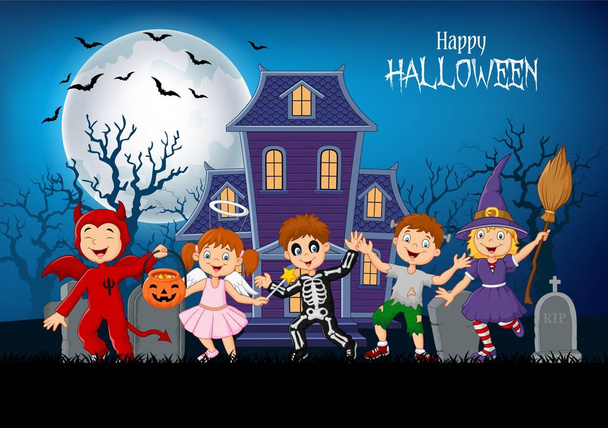 Векторная иллюстрация счастливых детей мультфильма на фоне Хэллоуина
 - Вектор,изображение