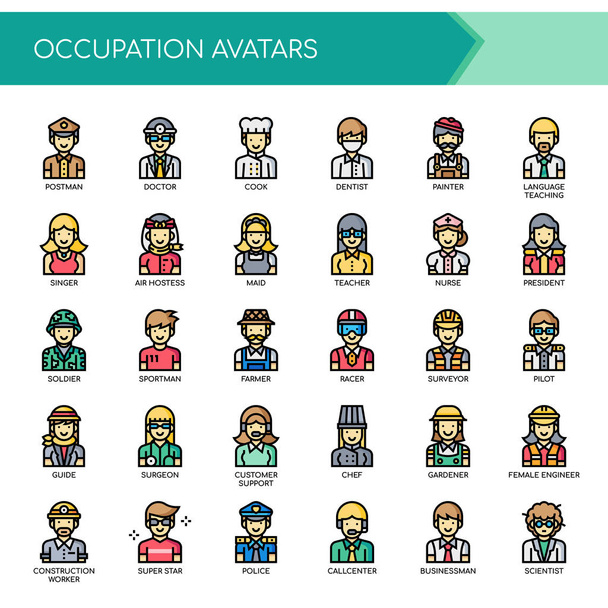 Okupační avatary, tenká čára a pixelové dokonalé ikony - Vektor, obrázek
