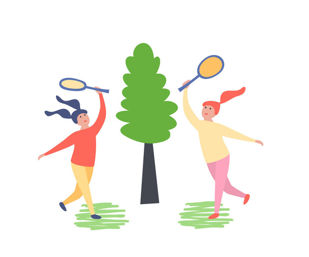 Fiatal lányok ütők a kezükben, tenisz, tollaslabda. - Vektor, kép