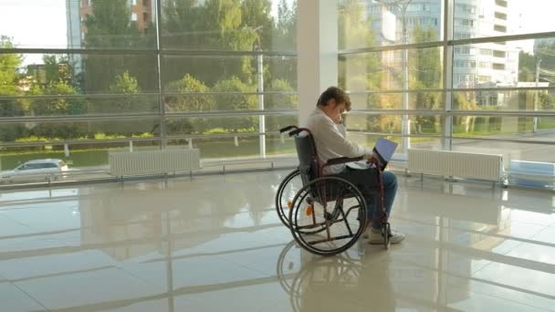 un hombre de negocios discapacitado en una silla de ruedas en una ventana con un dibujo en una hoja grande de papel, discute el trabajo por teléfono
 - Metraje, vídeo