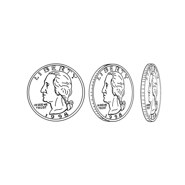 2D-Animationsgrafik, die die Vorder- und Rückseite eines amerikanischen Vierteldollar oder einer Münze der Vereinigten Staaten zeigt, die sich auf weißem Bildschirm dreht, grüner Bildschirm mit Alphamatt in HD-High-Definition. - Vektor, Bild
