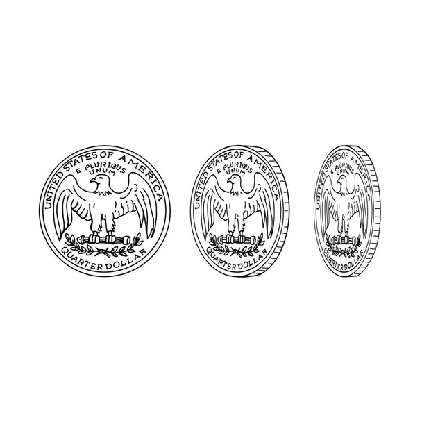 Рисунок в стиле эскиза, показывающий обратный или хвост американского четвертьдоллара или монеты США, вращающейся или переворачивающейся с одной стороны на другую на изолированном фоне
. - Вектор,изображение