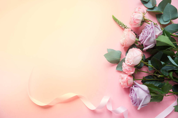 Frame of purple and pink roses, white Lisianthus and different flowers on pink background. Flat lay, top view - Fotoğraf, Görsel