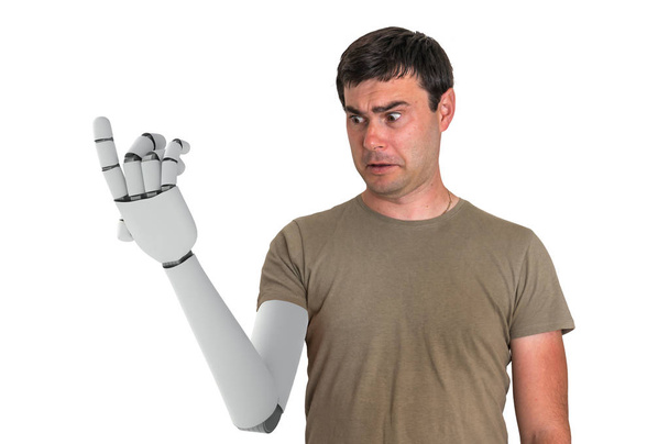 Geschockter Mann blickt auf seine prothetische Roboterhand. Ersatz menschlicher Körperteile. 3D gerenderte Darstellung der Hand. - Foto, Bild