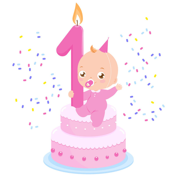Bambina su una torta di compleanno che celebra il suo primo compleanno lanciando coriandoli
. - Vettoriali, immagini