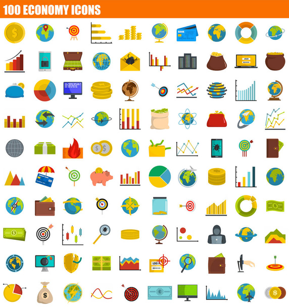 100 conjunto de ícone de economia, estilo plano
 - Vetor, Imagem
