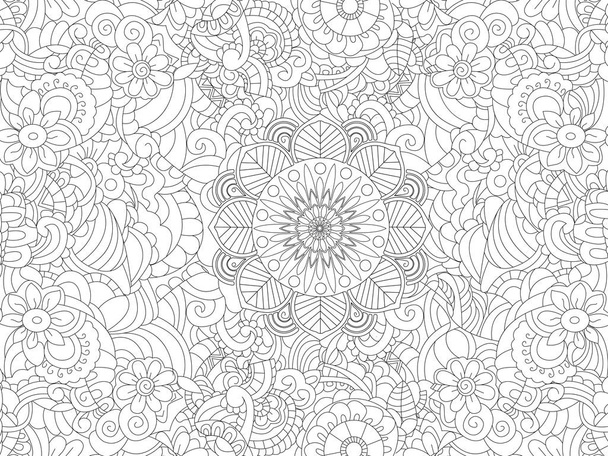 Антистресова розмальовка книжка квітковий орнамент на всьому листі. Чорні лінії, білий фон. Растровий
 - Фото, зображення