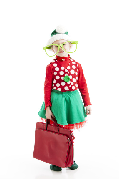 Santas accountant christmas elf carries briefcase with glasses - Zdjęcie, obraz
