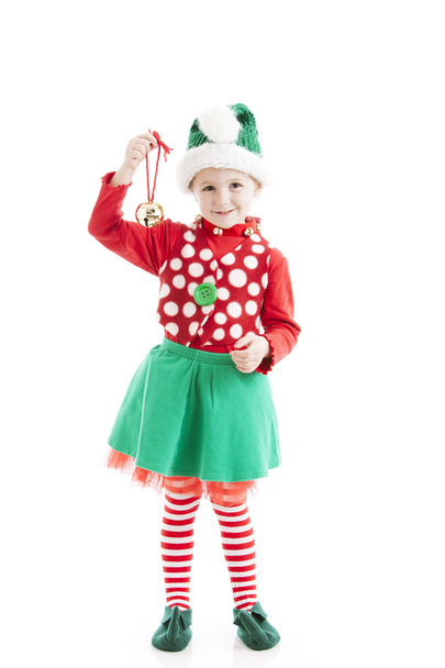 Happy christmas elf rings a jingle bell - Zdjęcie, obraz