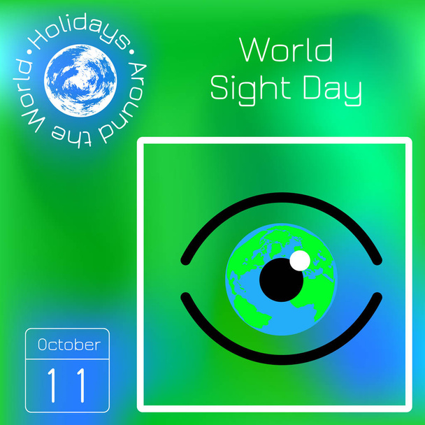 Dia Mundial da Visão. Conceito de umas férias de saúde. Imagem simbólica do olho. Iris é o planeta Terra. Calendário. Férias ao redor do mundo. Fundo de borrão verde - nome, ilustração de data
 - Vetor, Imagem