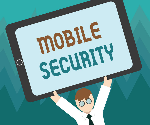 モバイルセキュリティを示す概念的な手書き文字。脅威や脆弱性から携帯電話を守るビジネス写真 - 写真・画像