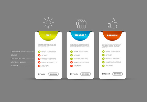 Product / service price comparison cards with description and icons - Vector, Image