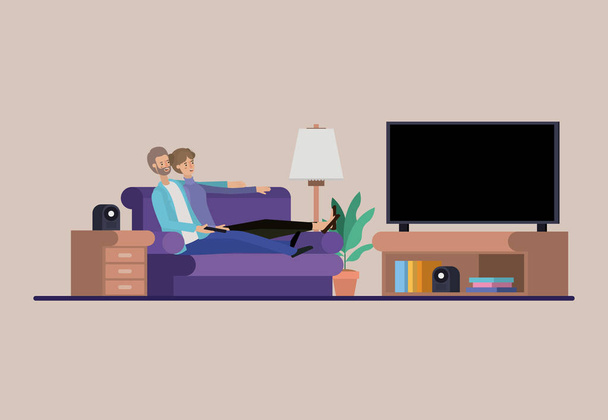 молодая пара смотрит телевизор на векторном дизайне гостиной
 - Вектор,изображение