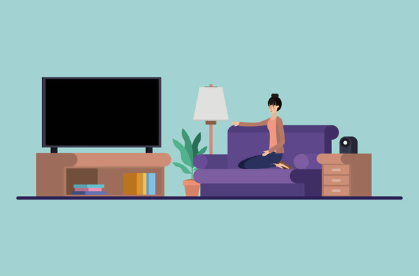 jovem mulher assistindo tv na sala de estar
 - Vetor, Imagem