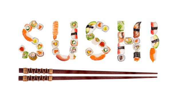Traditional japanese sushi pieces making inscription. - Foto, afbeelding