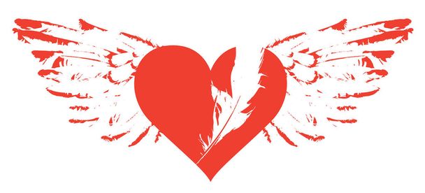 Ilustración abstracta gráfica vectorial de corazón rojo con alas aisladas sobre fondo blanco. Corazón volador con pluma blanca. Plantilla de diseño camiseta
 - Vector, imagen