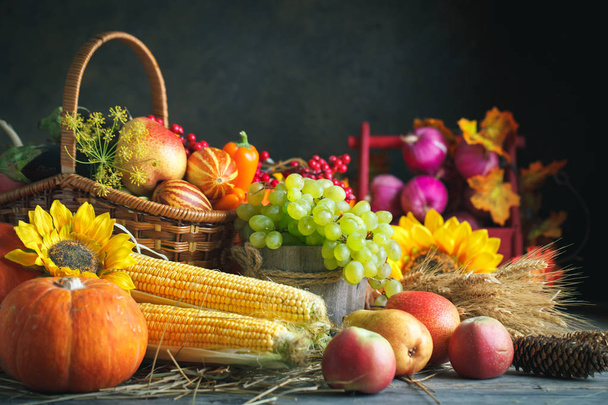 Happy Thanksgiving Day background, wooden table decorated with Pumpkins, Maize, fruits and autumn leaves. Harvest festival. Selective focus. Horizontal. Background with copy space. - Фото, зображення