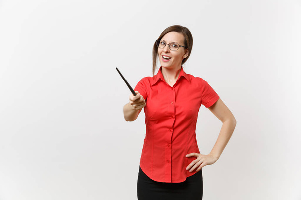 Portrait of young business teacher woman in red shirt skirt glasses holding wooden classroom pointer on copy space isolated on white background. Education teaching in high school university concept - Fotoğraf, Görsel
