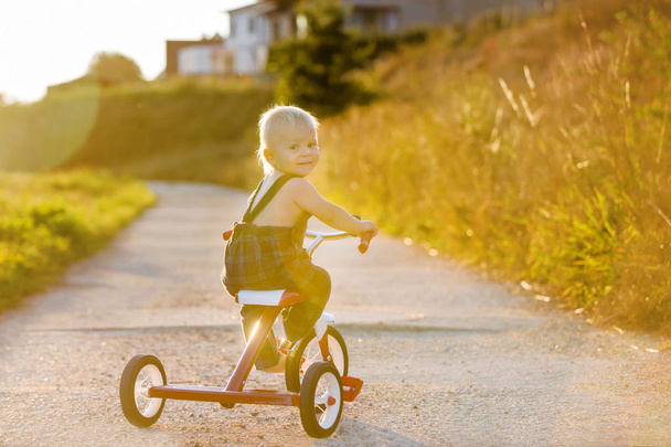 Cute toddler child, boy, playing with tricycle in park and eating apple, kid riding bike on sunset - Foto, Imagen