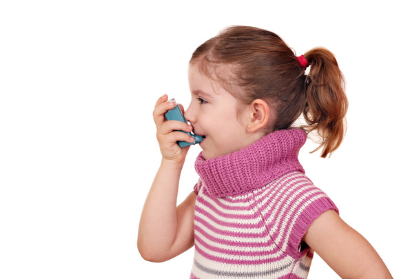 little girl with inhaler on white - Photo, Image