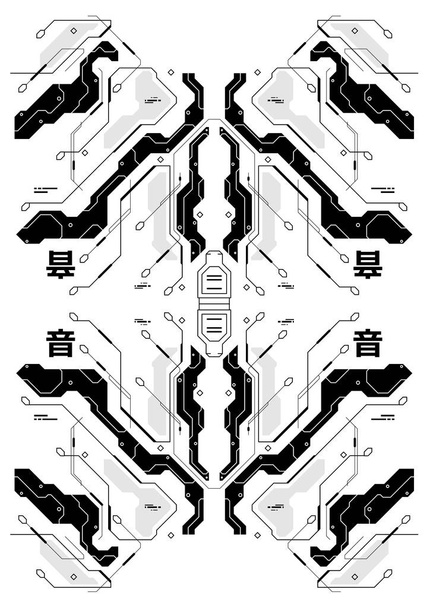 Manifesto futuristico cyberpunk con elementi in stile giapponese. Modello di poster astratto tecnico. Volantino moderno per web e stampa
. - Vettoriali, immagini