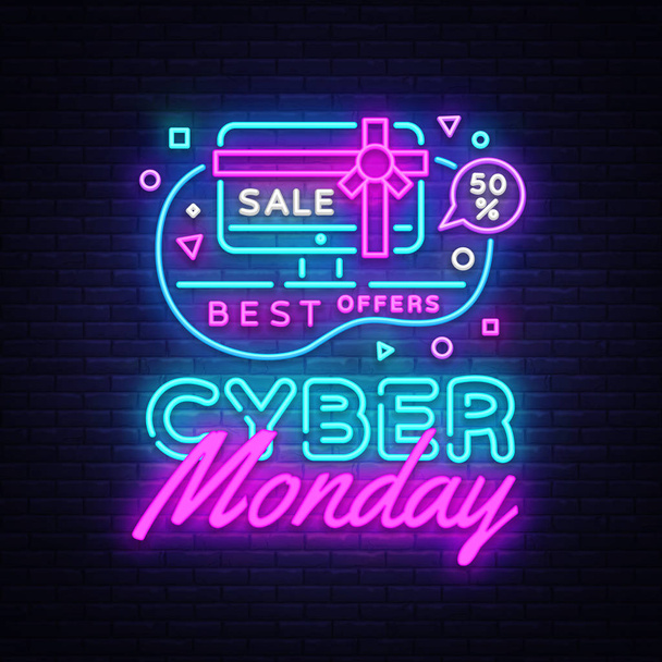 Cyber Monday, discount sale concept Vector illustration in neon style, online shopping and marketing concept. Neon luminous signboard, bright banner, Light advertisement - Διάνυσμα, εικόνα