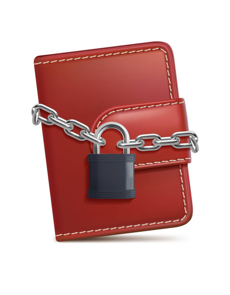 Leather wallet with padlock and chain on white isolated background. Concept of protecting money and safety personal finances. 3d illustration - Photo, Image