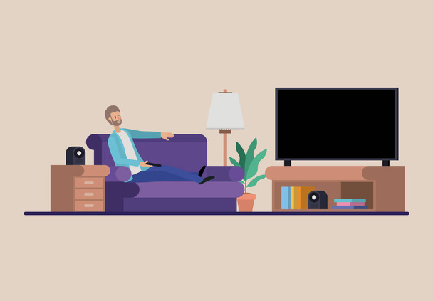 молодой человек смотрит телевизор в гостиной
 - Вектор,изображение