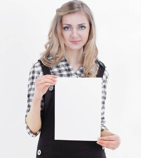 smiling business girl showing blank sheet. isolated on white - Photo, Image