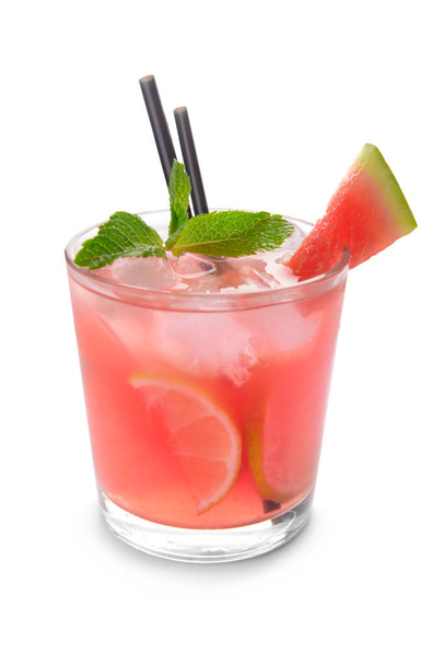 Glass of tasty cold watermelon lemonade on white background - Foto, immagini