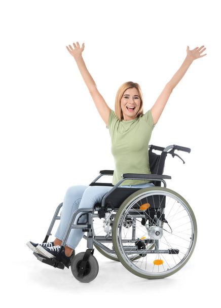 glückliche Frau im Rollstuhl auf weißem Hintergrund - Foto, Bild