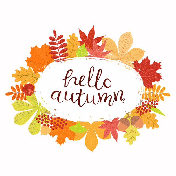 Illustrazione vettoriale disegnata a mano con cornice di foglie e citazione di scritte Hello Autumn. Isolato su sfondo bianco. Design in stile piatto. Concetto per banner stagionali
  - Vettoriali, immagini