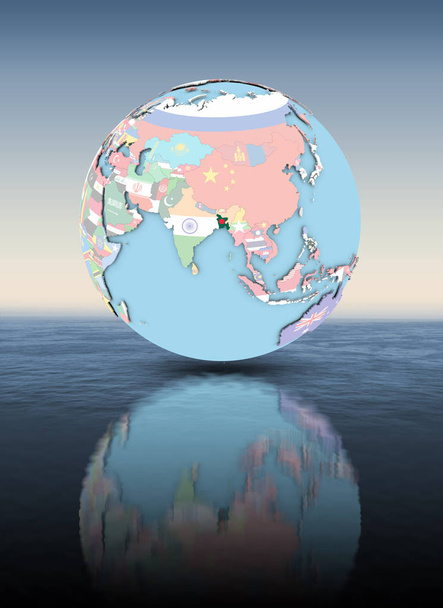 Bangladesh on political globe with national flags floating above water. 3D illustration. - Photo, Image