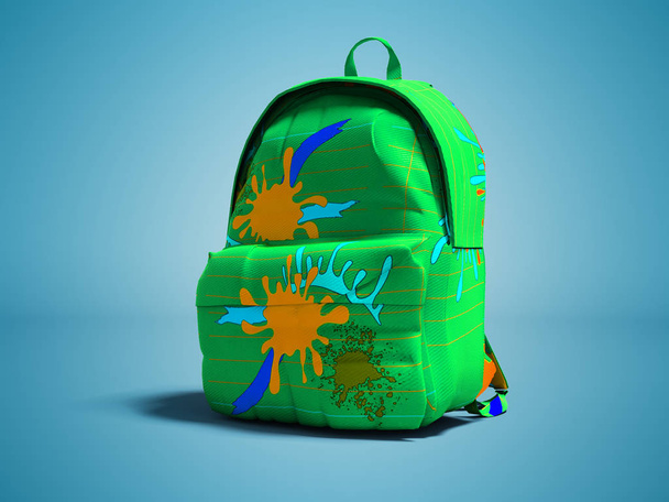 Mochila bolsa de escuela verde con manchas azules en la vista izquierda 3d renderizar sobre fondo azul con sombra
 - Foto, imagen