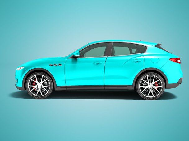 Modern blue car crossover for business trips side view 3d render on blue background with shadow - Photo, Image