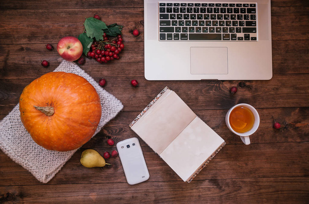 Top view of a  pumpkin, apples and a book, phone, laptop on wooden table. - Foto, Imagem