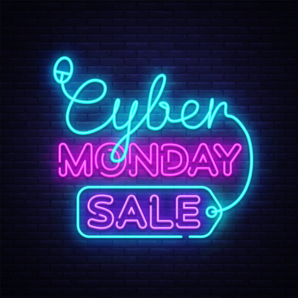 Cyber Monday, discount sale concept Vector illustration in neon style, online shopping and marketing concept. Neon luminous signboard, bright banner, Light advertisement - Vetor, Imagem