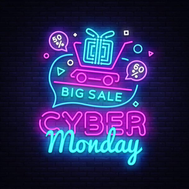 Cyber Monday Sale neon sign vector. Cyber Monday Bid discount Design template neon sign, light banner, neon signboard, nightly bright advertising, light inscription. Vector illustration - Vector, Imagen