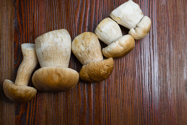 Funghi di Cep di autunno. Ceps Boletus edulis su fondo scuro in legno, da vicino su tavolo rustico in legno. Cucinare delizioso fungo biologico. Cibo gourmet - Foto, immagini