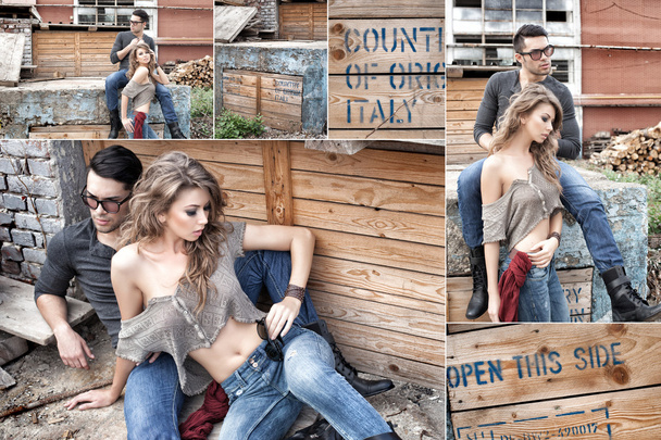 sexy paar dragen jeans en laarzen poseren dramatische collage - Foto, afbeelding