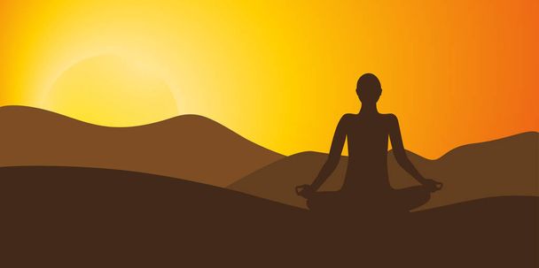 person meditating on high mountain in sunset background - Vector, Image