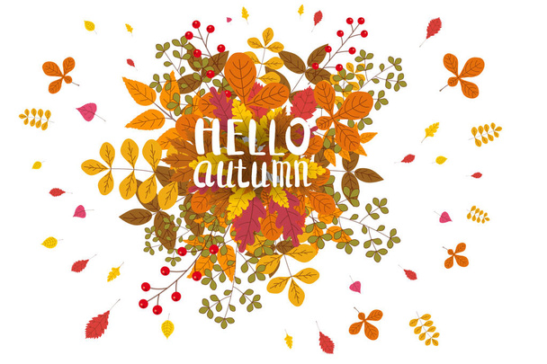 Hello Autumn, background with falling leaves, yellow, orange, brown, fall, lettering, template for poster, banner, vector, isolated - Vector, Image