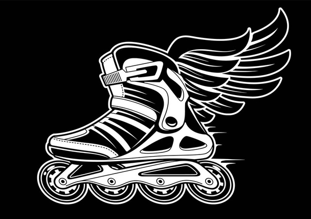 Inline roller skate με φτερό που απομονώνονται σε μαύρο. Ασπρόμαυρη εικονογράφηση διάνυσμα. - Διάνυσμα, εικόνα