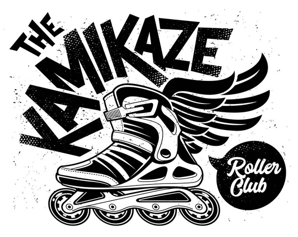 Kamikaze Rolling Club Grunge Design mit geflügeltem Rollschuh. schmutziges monochromes Design. - Vektor, Bild