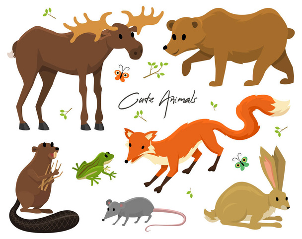 Cute animals for baby. Wild moose and deer, hare, wolf and bear. frog and fox. vintage world. Cartoon vector. - Vector, Image
