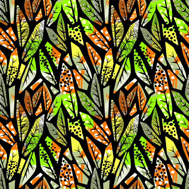 Autumn leaves seamless pattern. Trendy painted style texture,bright  print with different doodle elements. - Vector, Image