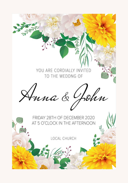 Çiçek davet düğün, tarihi kartı tasarım withyellow krizantem, beyaz gül ve beyaz peonies çiçek kaydedin. Moda düğün kartı. Vektör, modern şablonu - Vektör, Görsel
