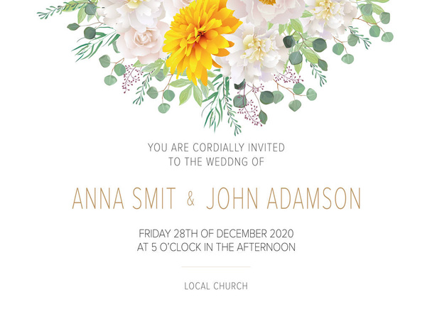 Wedding floral template collection.Wedding invitation, thank you card, save the date cards with yellow chrysanthemum, white roses and white peonies. Vector illustration. EPS 10 - Vector, Image
