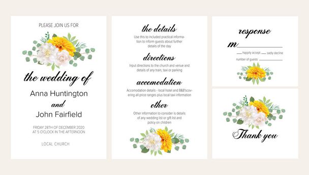 Όμορφη γαμήλια floral προσκλητήριο σετ με κίτρινο χρυσάνθεμο και λευκή Παιώνια. Αυτό το σύνολο πρότυπο πρόσκληση γάμου περιλαμβάνει τέσσερα πρότυπα: προσκλητήριο, rsvp κάρτα, λεπτομέρειες και ευχαριστήρια κάρτα. - Διάνυσμα, εικόνα