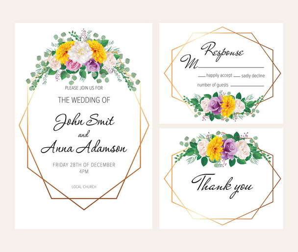 美しいモダンな幾何学的な結婚式の招待状が黄色の菊、紫と白のバラと白牡丹と設定。この結婚式の招待状のテンプレート セットには、4 つのテンプレートが含まれています: 招待状、rsvp カード、ありがとうカード. - ベクター画像